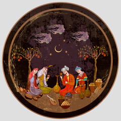 Fairy tales and legends of the Middle East. Ancient civilization murals. Thousand and One Nights concept. Persian frescoes. Medieval miniature. Mughal art. Ottoman Empire book miniature