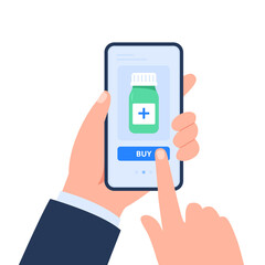 Human hands hold a smartphone and order medicines. Medical treatment. Online pharmacy, delivery drugs, prescription medicines order. Vector flat illustration isolated on white background.