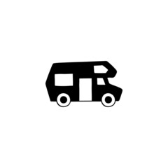 Bus, camp, camper icon, campsite car symbol in solid black flat shape glyph icon, isolated on white background 