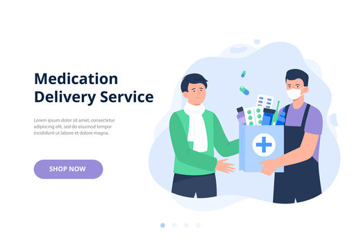 A Courier In A Mask Gives An Order With Drugs To A Man. Medical Treatment. Online Pharmacy, Delivery Drugs, Prescription Medicines Order. Vector Flat Illustration For Banners, Landing Page.