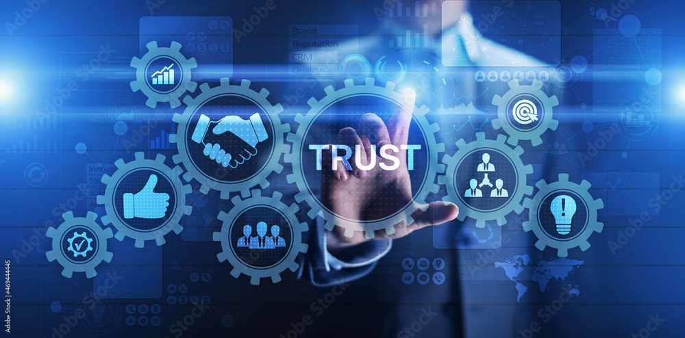 Poster trust customer relations reliability business concept. pointing and pressing on virtual screen.