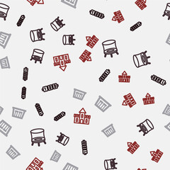 Set line Education logic game, Jumping trampoline, Swings for kids and Sand castle on seamless pattern. Vector