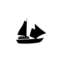 Boat, sail icon. schooner ship symbol in solid black flat shape glyph icon, isolated on white background 