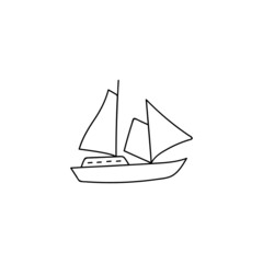 Boat, sail icon. schooner ship symbol in flat black line style, isolated on white 
