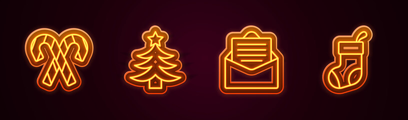 Set line Candy cane with stripes, Christmas tree, Envelope and stocking. Glowing neon icon. Vector
