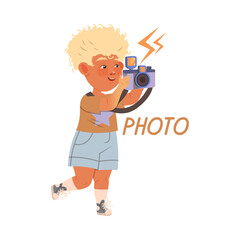 Cute little boy taking photo with camera cartoon vector illustration on white background