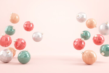Pastel Christmas balls on pink background. 3d rendering, Christmas party background, Copy space.
