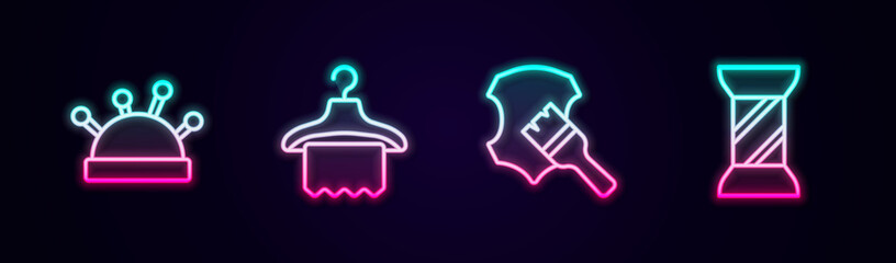 Set line Needle bed and needles, Hanger wardrobe, Leather and Sewing thread on spool. Glowing neon icon. Vector