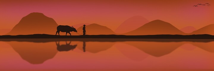 Naklejka na ściany i meble Silhouette Illustration background of Thailand. Illustration Pattern background ,A farmer leads a buffalo along a path with shadows in the water on a white background. designed for commercial