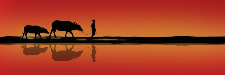 Silhouette Illustration background of Thailand. Illustration Pattern background ,A farmer leads a buffalo along a path with shadows in the water on a white background. designed for commercial