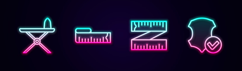 Fototapeta premium Set line Electric iron and ironing board, Tape measure, and Leather. Glowing neon icon. Vector