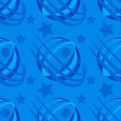Seamless pattern, infinite texture on a square background - stylized space - satellite or planet and stars