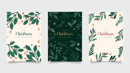 Green and  red Christmas invitation cards vector design template. Floral Christmas greeting card design with flower and winter leaves frame. Vector illustration. © TWINS DESIGN STUDIO