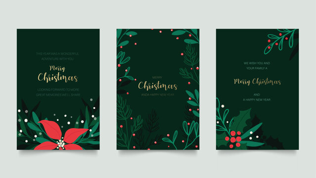 Green and  red Christmas invitation cards vector design template. Floral Christmas greeting card design with flower and winter leaves frame. Vector illustration.