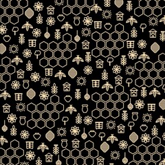 Background on the theme of beekeeping. Bees, honey, hive, honeycomb, flowers, all these elements are shown in the illustration 