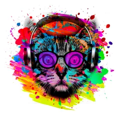 Poster Acid cats  head in eyeglasses and headphones illustration on white background with colorful creative elements © reznik_val