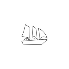 Boat, sail icon. schooner ship symbol in flat black line style, isolated on white background