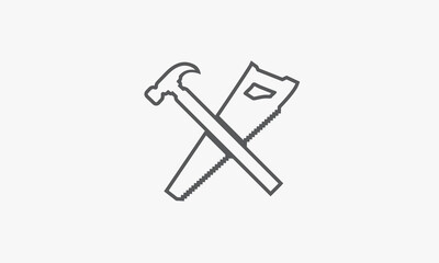line icon cross handsaw hammer isolated on white background.