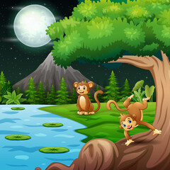 Cartoon illustration of monkeys playing at night landscape