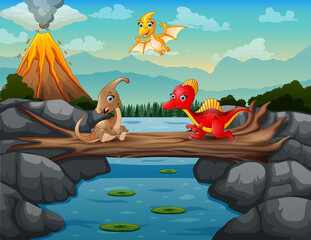 Illustration of an erupting mountain with dinosaurs in the river © dreamblack46