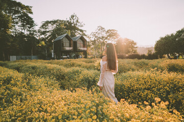 Fototapeta premium Young attractive woman having fun in yellow flower field