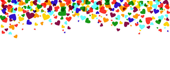 A festive banner with chaotic rainbow colored hearts for Valentine's day, birthday, congratulations. A symbol of tolerance and equality.  Pride love. Vector graphics.