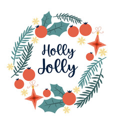 Christmas round vintage wreath with Holly Jolly text. Retro colors for decorations. Round cover composition with snowflakes, holly and fir branches in flat style. Vector illustration.