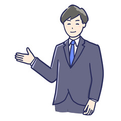 右手でオススメを示すスーツ男性のイラスト