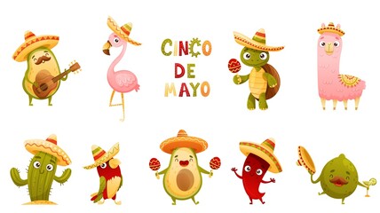 Mexican culture symbols set. Cute funny avocado, flamingo, turtle, llama, cactus, lime in sombrero hats playing musical instruments and dancing cartoon vector illustration