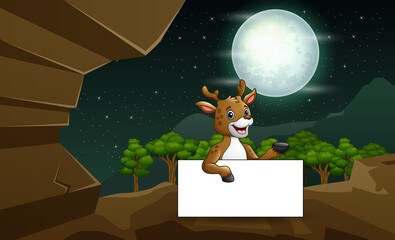 Cute deer cartoon holding blank sign with a full moon background