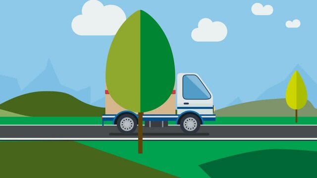 Big gift packages on a truck on the road to deliver the box for birthday. Animated illustration