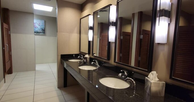 Upscale hotel public bathroom sink and mirror. Clean modern restroom.