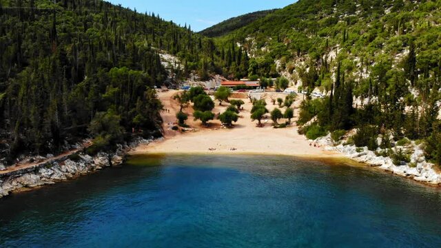 Taverna Near The Small Foki Beach Surrounded With Greenery In Kefalonia, Greece. aerial