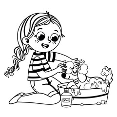 Black and white vector illustration of teenage girl bathing her dog.