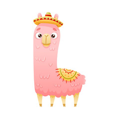 Cute funny llama alpaca in sombrero hat. Mexican culture symbol cartoon vector illustration