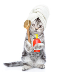 Funny kitten with towel on it head holds bath brush and shampoo bottle. isolated on white background