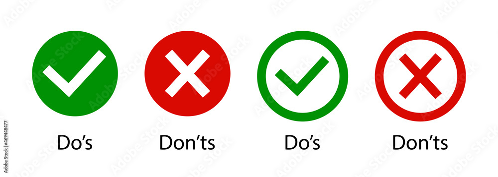 Aufkleber dos and dont. do and don. icon of wrong and right. tick or cross. mark of check and correct. ok, yes
