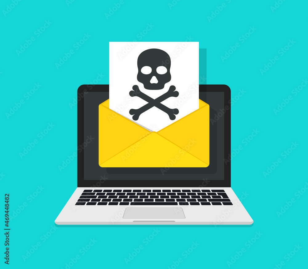Poster email phishing. virus and spam from hacker in laptop. icon of ransomware in mail. attack of fraud on