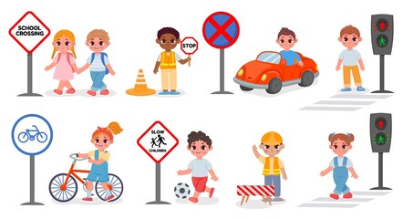 School kids street safety, signs and crosswalk rules. Traffic light go and stop signal. Kid bike and car. Cartoon road education vector set