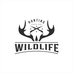 deer antlers and gun logo vintage vector illustration template icon graphic design. hunting symbol for professional hunter with typography style