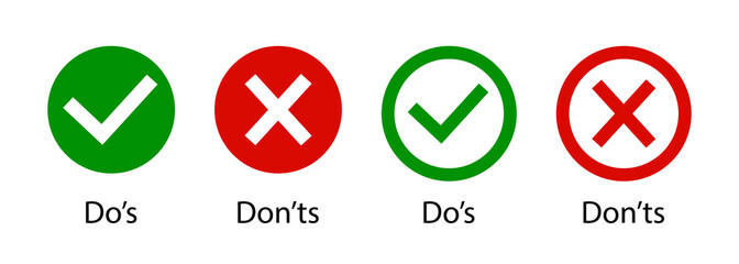 Dos and dont. Do and don. Icon of wrong and right. Tick or cross. Mark of check and correct. Ok, yes-green. X, false-red. Sign of good or bad. List of icon for approved, reject. Logo of quiz. Vector