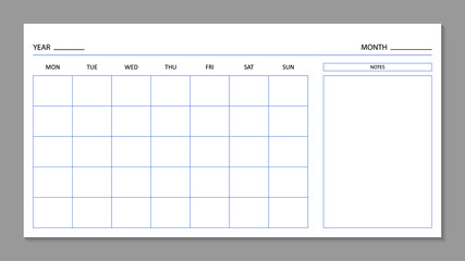 Month planner. Blank calendar template for 2022 year. Calender with grid on wall. Page for agenda. A4 planner for month and year. Organizer with days of week for planning. Schedule of work. Vector