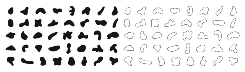 Blob shape. Outline random organic shapes. Abstract irregular shapes. Amorphous pebble, drop and splodge. Black line asymmetric stain. Smooth uneven stone. Logo for brush on white background. Vector