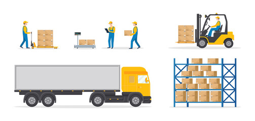 Warehouse of wholesale. Logistic, fulfilment order for distribution. Loader, cargo truck, forklift with driver, worker with cart, box on rack. Flat illustration for logistic, delivery center. Vector.