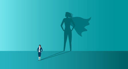 Businesswoman with shadow of superhero. Concept of power, leadership and confident. Business woman is super hero with strong motivation. Career of leader. Icon of invincible person. Vector - obrazy, fototapety, plakaty