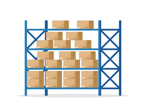 Warehouse inventory with rack and boxes. Shelf for storage of cargo. Stock of wholesale goods in warehouse of logistic. Icon of store, distribution. Merchandise on shelves of factory. Vector