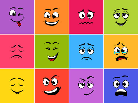 Cartoon face with eye, mouth and emotion. Character with different expression of face. Icon of emoticon, monster, smile, sad and cute. Caricature avatar on color square background. Vector