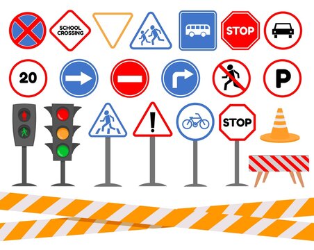 Cartoon traffic light and road signs for kids safety. Caution and warning signals for cars and pedestrians. Traffic rules element vector set