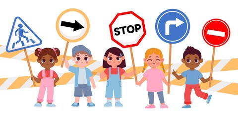 Group of kids holding stop road signs, caution for drivers. Boy and girl with traffic symbols. Children street safety cartoon vector concept