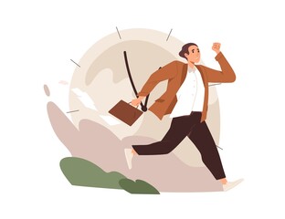 Busy businessman hurrying and rushing on businesses. Fast life and time pressure concept. Stressed employee with lot of work and deadlines. Flat vector illustration isolated on white background